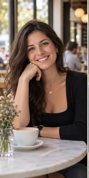 Adult woman smiling in a bright café