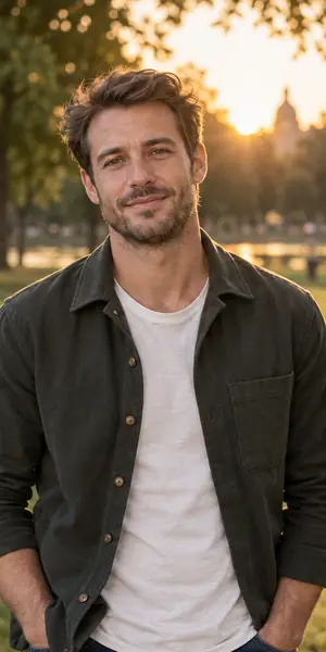 Adult man outdoors at sunset